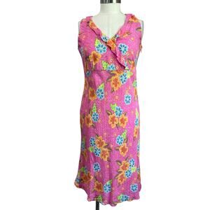 Sigrid Olsen Sport Y2K Pink Floral‎ Sleeveless Ruffle V Neck Midi Dress Size 6